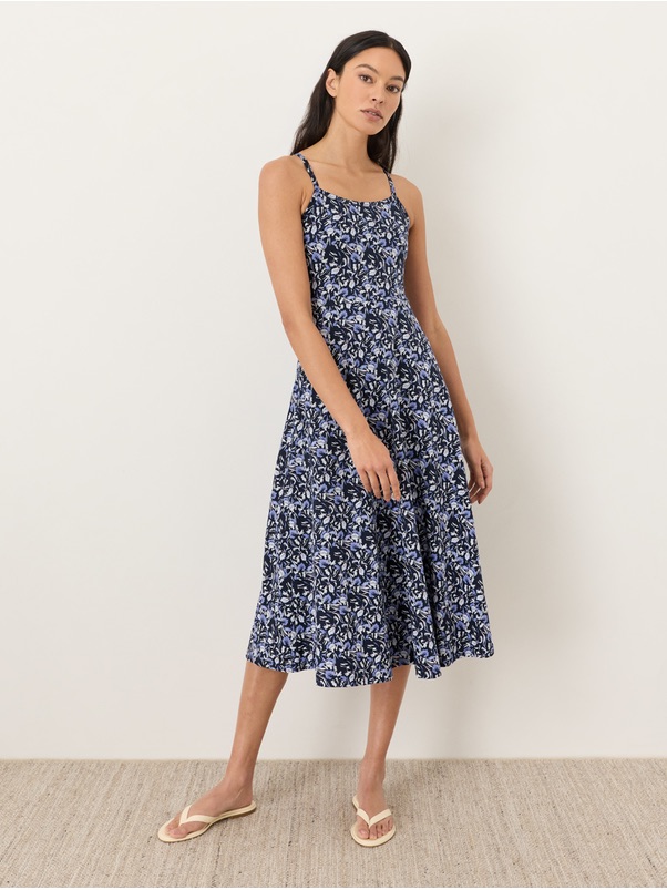 Pact Organic Fit & Flare Midi Dress Paradise Petals Navy Blue Fairy Floral Med